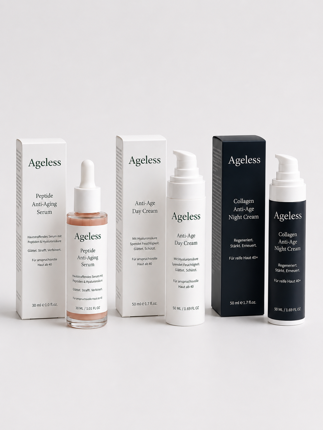 Die Ageless Basis-Routine: Peptide Serum, Tagescreme und Kollagen Nachtcreme